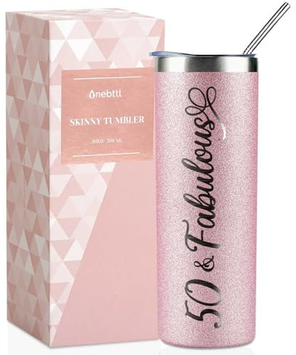 Onebttl 50th Birthday Gifts for Women, Female, Her - 50 and Fabulous - 20oz/590ml Stainless Steel Insulated Glitter Tumbler with Straw, Lid, Message Card - (Rose Gold)