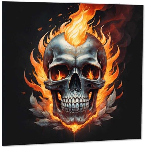Purple Fox Flaming Skull Grußkarte – Rock Metal Gothic Biker Karte 145 x 145 mm, Weiss/opulenter Garten