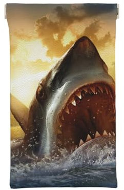 LAMAME Seesternmuschel Blau Holz auf Strand Landschaft gedruckt Tragbare Top Squeeze Leder Brillen Fall Brillen Lagerung Tasche, At Dusk Shark, One size
