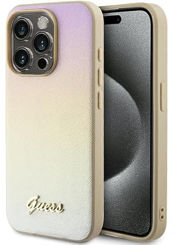 Guess GUHCP15XPSAIRSD Case for iPhone 15 Pro Max 6.7 Inch Golden Hard Case Saffiano Iridescent Script