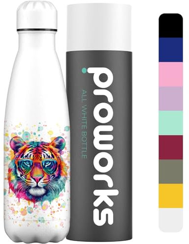 PROWORKS Wiederverwendbare Thermosflasche aus Edelstahl, BPA-frei, warm für 12 Stunden und kalt bis zu 24 Stunden, Sport, Fitnessstudio, 1 l, Farbspritzer, Tiger
