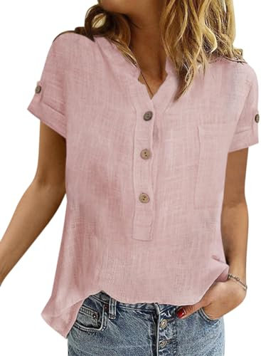 Onsoyours Chemise Femme Haut Été pour Femmes Chic et Élégant Coton Lin T-Shirt Manche Courte Col en V Chemisier Tunique Tops avec Boutons Décontractés Couleur Unie Blouse A Rose XS