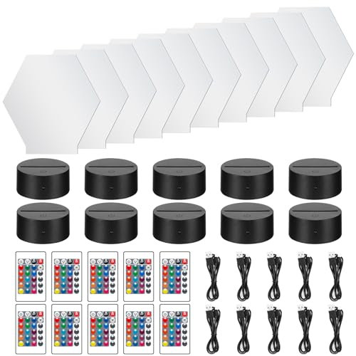 Konesky 10pcs Base de Lampe LED 3D avec Panneaux en Acrylique Transparent, Coloré Lumière avec télécommande et câble USB, affichage 16 couleurs pour décoration de bar, café, boutique