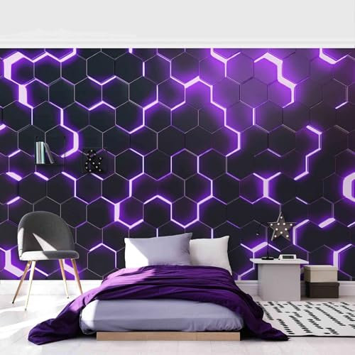 Bilderwelten Fototapete Gaming 95 x 144 cm Modern Neon-Lichter Muster Hexagone Selbstklebende Tapete Wandtapete Wanddekoration