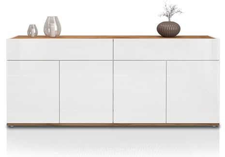 WHOUS Credenza e Buffet GARDA per Soggiorno con 2 Cassetti e 4 Ante, Madia per Salotto, Cucina e Sala da Pranzo in Legno, 160,1x35x70 cm, Bianco Lucido e Rovere