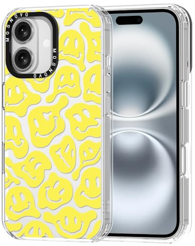 MOSNOVO Case for iPhone 16 Plus, [Buffertech 6.6ft Military-Grade Drop Protection] [Anti Peel Off Tech] Clear TPU Bumper Phone Case Cover Design - Melted Yellow Smiles Face