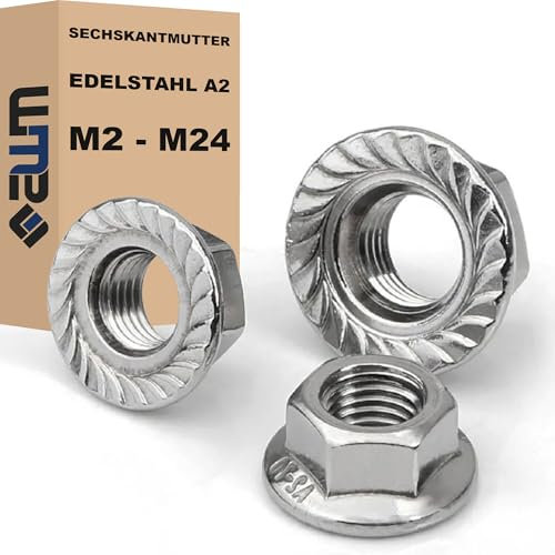 Sechskantmuttern Sperrzahnmutter DIN 6923 Edelstahl V2A 304 (rostfrei) Flanschmutter Muttern (50, M12)