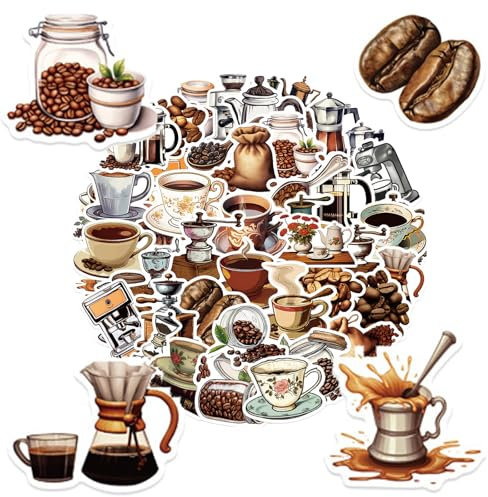 Kaffee Aufkleber Vintage Aufkleber Set, 50 Stück Schöne Aesthetic Kaffee Theme, Geeignet für Sammelalben, Laptops, Sammelalben, Tagebücher, Gitarren, Ordner, Skateboards und andere Gegenstände.