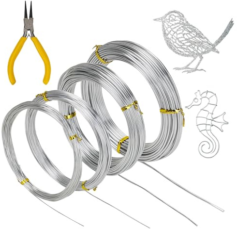 Aramanara 4 Rolls 20 m Aluminum Craft Wire, Bendable Metal Wire, Silver Flexible Modelling Wire with Pliers for DIY Sculpture Crafts Jewellery Modelling Making(0.8 mm, 1.0 mm, 1.5 mm, 2.0 mm)