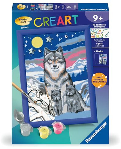 Ravensburger - CreArt Kids 13x18 cm - Numéro d'art - Famille de Loups - Kit de Peinture par numéros - avec pièces de Bijoux - Dès 9 Ans - 25714