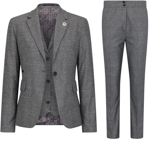 Women's Suit 3 Piece Grey Prince of Wales Check Tailored Fit Business Formal Ladies Dress