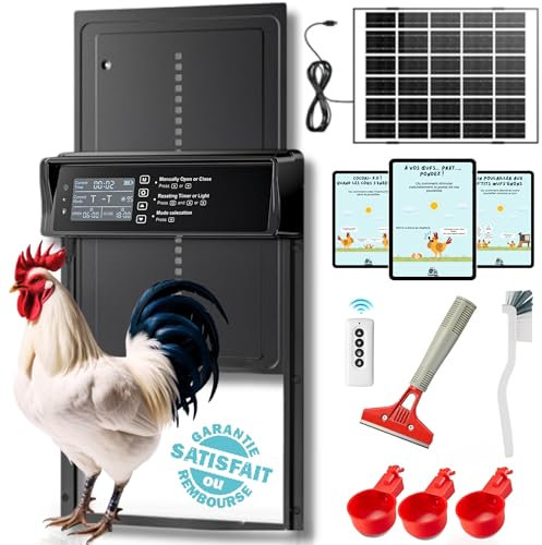 Porte Poulailler Automatique Solaire Affichage LED, Porte Automatique Poulailler en Aluminium avec Capteur de Lumière, Minuterie, Télécommande, Deux Méthodes de Chargement, Anti-pincement Farmer Nook®