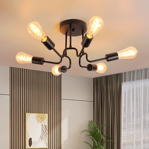 YindaLux Deckenlampe Schwarz 6 Flammig - Lampe Wohnzimmer E27, Max 40W, Vintage Deckenleuchte Retro Wohnzimmerlampe für Schlafzimmer Esszimmer Flurlampe Hängelampe, ohne Leuchtmittel