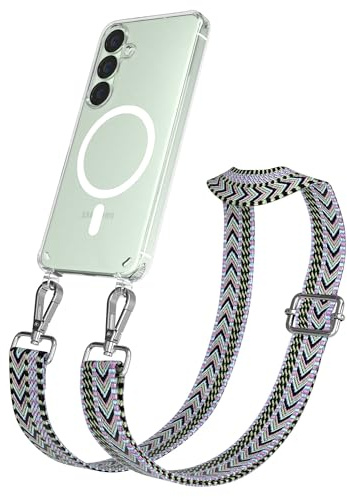 EAZY CASE Handykette - Verstellbares Taschenband kompatibel mit Galaxy S25, Schulterriemen, Handykordel mit Silikon Hülle, Qi Charging kompatibel, Umhängetasche, Lila Grün Silber
