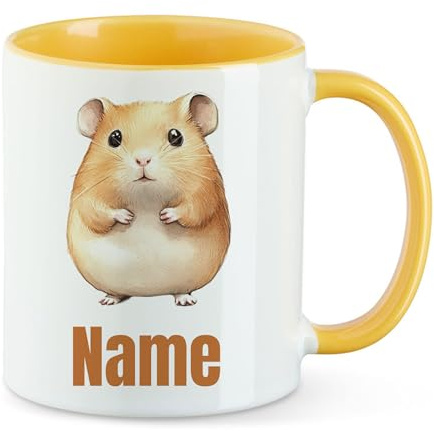 GRAZDesign Personalisierte Kinder Tasse mit Hamster - Gelbe Kaffeebecher mit Namen Keramik 330ml
