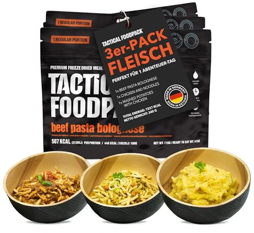 Tactical Foodpack 3er Set - 3 Gefriergetrocknete Mahlzeit (mit Fleisch) für Camping, Survival Outdoor Nahrung. Tracking oder Notfallrucksack – Fertiggerichte wie hausgemacht zum Verzehr bereit