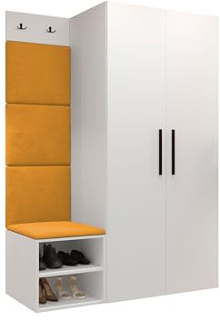 Mirjan24 Garderoben-Set Mapreni IV, Schuhschrank + Kleiderhakenbrett + Kleiderschrank Gepolstertes Paneel/Wandpaneel Kleiderhaken Flurgarderobe Wandgarderobe (Weiß, Manila 32)