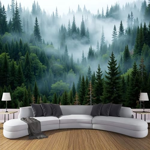 MIATCENRT Forêt Paysage Papier Peint Panoramique, Brume Conifères 3D Tissu de soie Murale, 308x220cm (L×H) Tapisserie Poster Vert foncé Geant Mural, Décoration Murale Chambre Salon Restaurant