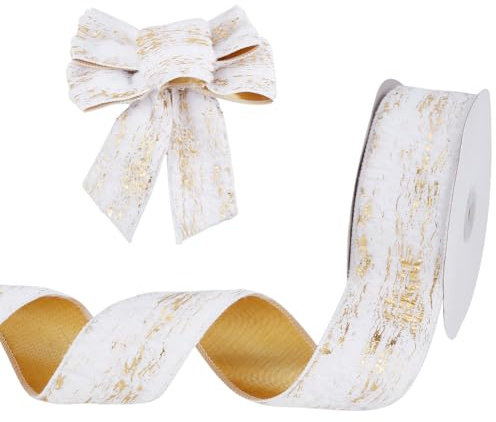 PH PandaHall Weihnachtsband Mit Draht 9m Kunstfellbänder Weißes Einseitiges Band Mit Goldener Rückseite 5.5cm Breite Samtbänder Für Weihnachtsbaumschleifen Kränze Girlanden Dekoration Geschenk
