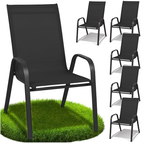 ZOLTA 6X Gartenstuhl Metall Schwarz – Outdoor Stühle mit Armlehnen für Balkon Terrasse Garten – Textilene Sitzfläche – wetterfest - modernes Design – Bequeme Rückenlehne – max 120 kg – 89 cm hoch