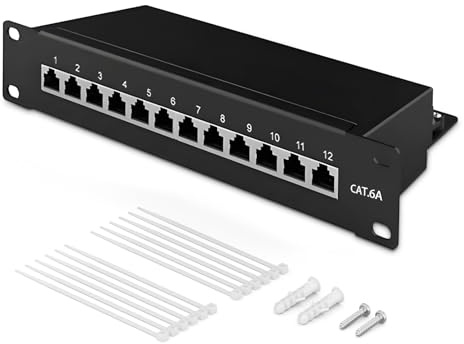 ZHITING CAT 6a Patchpanel 12 Port Geschirmt (STP) Verteilerfeld,12X Geschirmt RJ45 Buchse - Wandmontage/Desktop - Schwarz - Kompatibel mit TIA/EIA-568A & 568B