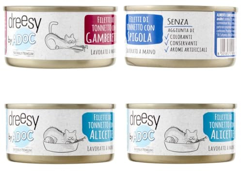 ADoC Cat Gatto Cibo Umido per Gatti SHELTER MIX MARE 24 Lattine DA 85 gr varietà di ricette di tonnetto: 12 Alicette BIANCHETTI, 8 GAMBERETTI, 4 SPIGOLA