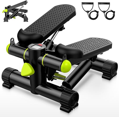 JUPPLIES Mini Stepper con Bandas Elásticas - Stepper Fitness de Acero, Pistón Hidráulico Silencioso, Pantalla LCD, Resistencia Ajustable y Pedales Antideslizantes para Tonificar y Quemar Grasa en Casa
