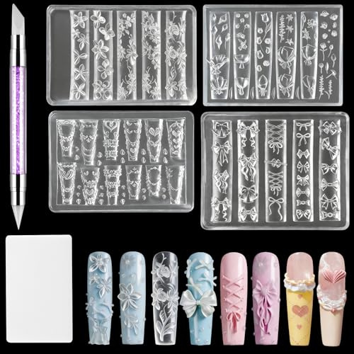 EBANKU 4PCS Moules Silicone pour Nail Art | 3D Fleurs Moules à Charmes d'ongles avec Stylo à Gravure Dentelle Nœud papillon Fleurs Design pour Manucure DIY