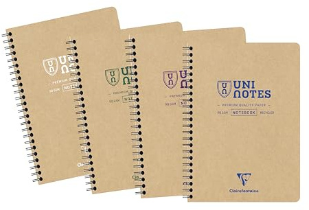 Clairefontaine 9850Cpack - Packung mit 5 Recycling-Notizbücher Uninotes, DIN A5 mit Doppelspiralbindung, 80 Blatt kariert 90g, abtrennbar, Kraft-Einband, sortiert, 5 Stück