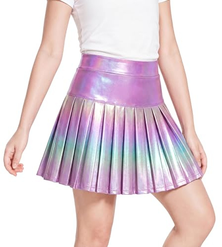 Miipat Gonna Metallizzata Scintillante A Pieghe per Bambina, Plissettata Gonna con a Pantaloncini Interni e Tasche Ragazze Minigonna Lucide Vita Elastica per Bambini Festa Ballo Danza Tennis