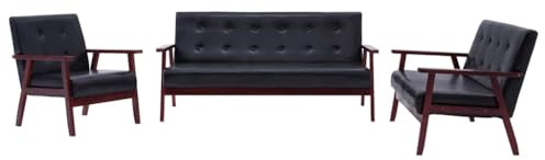 VIHHQGC Bequemes Sofa mit dickem Polster und Retro Design als Pflegeleichte 2-Sitzer und 3-Sitzer Garnitur in Schwarz mit Kunstlederbezug und Holzgestell