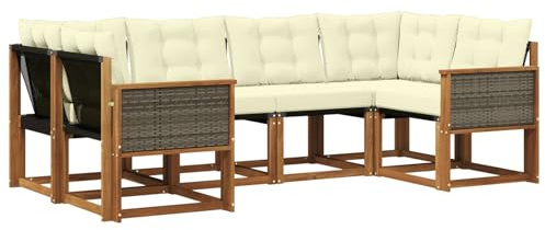 vidaXL Outdoor-Sofagarnitur mit Kissen 6 pcs Natur und Creme, Sofaset für den Garten, Moderne Kollektion, wetterfest, Bequeme Akazienholz-Sitze, entspannendes Arrangement