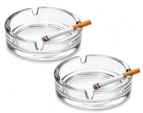 Round Glass Ashtray Heavy Duty Glass Cigarette Ashtray Heat Resistant Durable 10.5cm Clear Crystal Ash Tray Easy Clean Smokers Ashtray Indoor Outdoor Ideal For Home Office Patio & Bar(Pack Of 2)