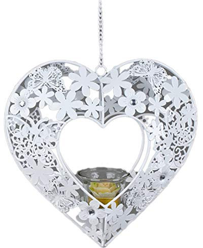 Nostalgie Hänger Leonie Herz weiß 24cm aus Metall mit Glaseinsatz für Teelicht