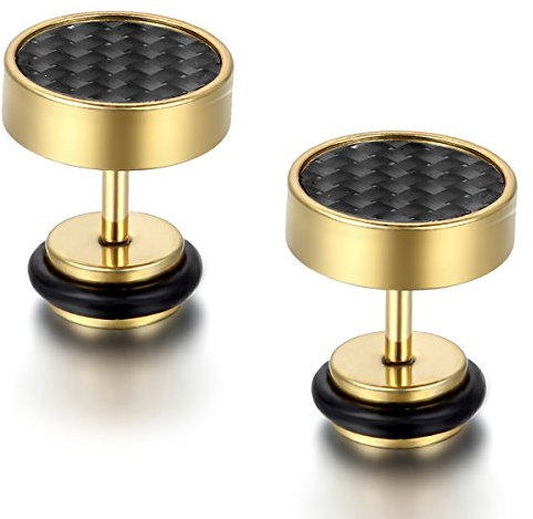 Flong Damen Ohrstecker fake tunnel Ohrringe 10mm Edelstahl Gestüt Stecker Kohlenstoff Carbon Fiber Kohlefaser Ohrringe Ohrstecker Ohrhänger Schwarz Gold Fake Plug Herren
