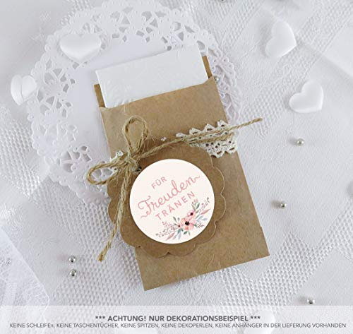 Freuden Tränen Taschentücher Set zur Hochzeit Klein 24 Sticker + 24 braune Flachbeutel - Kraftpapier - 63 x 93 mm Wedding Freudentränen Taschentuch Verpackungen Aufkleber CREME BEIGE BLÜTEN PASETELL
