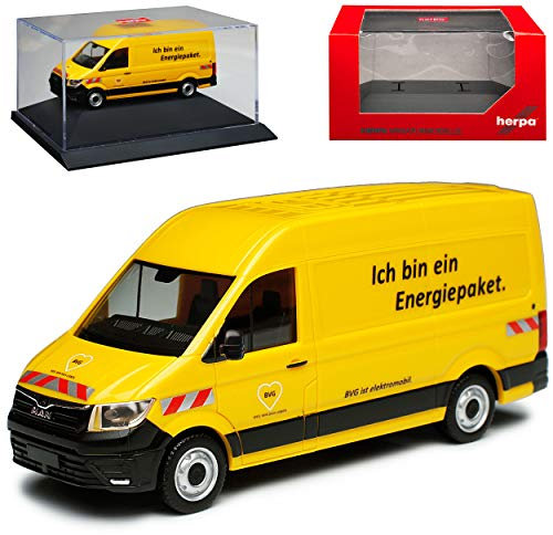 Herpa Man Man TGE Transporter Kasten Gelb E-TGE BVG Baugleich Volkwagen Crafter Ab 2016 mit Sockel und Vitrine H0 1/87 Modell Auto