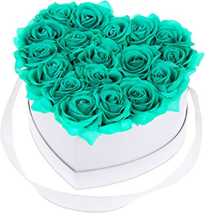 Relaxdays Rosenbox Herz, 18 Rosen, stabile Flowerbox weiß, 10 Jahre haltbar, Geschenkidee, dekorative Blumenbox, türkis