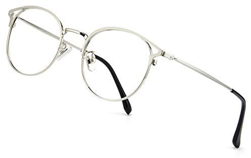 Cyxus Occhiali Luce Blu Donna Montature Leggero Sopracciglia Occhiali Rotondi Con Occhi di Gatto in Metallo Anti Mal di Testa Affaticamento Degli Occhi(Argento)