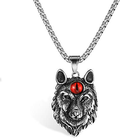 Flongo Herren Kette mit Wolf Anhänger Wolfskopf Männer Halskette Kette aus Edelstahl Silber Wolf Kopf Punk Rock Motorradfahrer Biker Herren Accessoires Rot Türkis Perlen