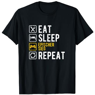 Gamer Zocker Geschenke Shop - Eat Sleep Epischer Sieg Repeat - Herren T-Shirt Schwarz S - Klassische Passform - Kurzarm - Crew Neck - Einfarbig mit Druck