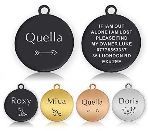 Personalised Dog Tags for Pets Engraved UK Cat Dog Name Tag Identify Tag for Pet Doggy Kitten Kitty Puppy Deep Engraved Scratch Resistant ID Tag Choice of Sizes & Colours & Shapes (Black Round)