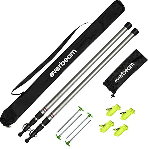 Varilla telescópica Everbeam para toldo, Camping, Senderismo, Pesca. Barra de Aluminio Ajustable 233 cm. Portátil, Ligera, Genial para Carpa o vivac. Incluye Vientos, piquetas, Bolsa de Transporte
