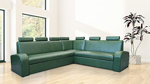 Quattro Meble Grünes Echtleder Ecksofa Antalya II Extra 7Z RE 245 x 270cm mit höherer Rückenlehne Sofa Couch mit Kopfstützen, Bettfunktion, Bettkasten (245 x 270 cm)