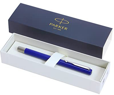 PARKER Vector Premium Fountain Pen - Blue Barrel with Chrome Trim - Fine Nib - Gift Boxed