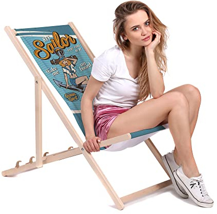 DreamRoots Liegestuhl klappbar Buchenholz, Sailor | Klappliegestuhl Holz, Buchenholz, bis 130 kg, 3-fach verstellbar, waschbarer Polyesterbezug, für Garten & Terrasse