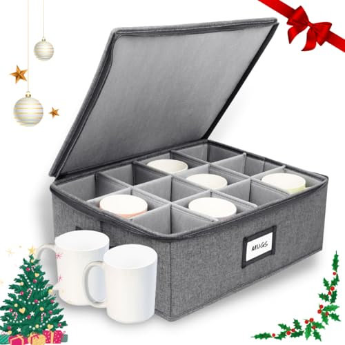 HOMELUX THEORY Tassen-Aufbewahrungsbox mit Trennwänden, 40.6x31.8x15.2 cm, ultradicke Hartschale, alle Oberflächen und Abdeckung, stapelbare Aufbewahrung mit 12 Fächern, Tassen-Organizer mit Griffen