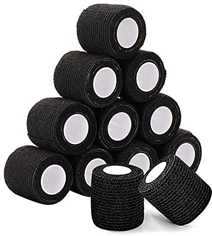 12 Rollen Tattoo Griff Abdeckung Wrap, Rayyl Tattoo Grip Tape 5cm x 4.5m Tattoo Griff Bandage, Elastische Bandage Band Griff Tube für Tattoo Maschine Schwarz 12pcs
