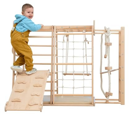 WoodandHearts Jungle Gym, Holzkletterer, Spielbereich: Schaukelrampe, Kletterseil, Klettergerüst, Turnringe, Kinderschaukeln, Spielmatte in blau-beigem