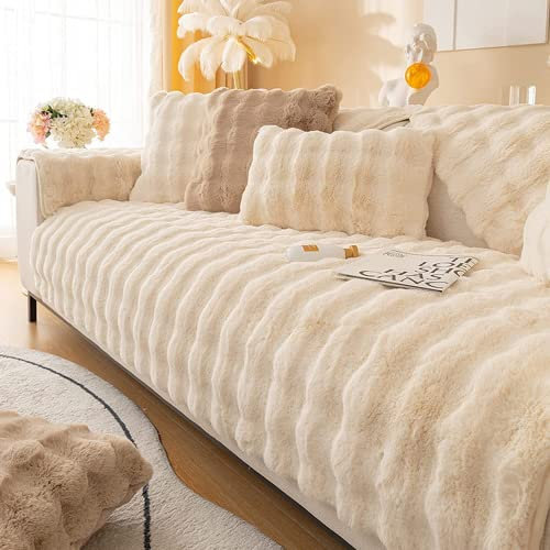 Thick Rabbit Plush Sofa Cushion,2023 New Faux Rabbit Fur Non Slip Sectional Couch Cover,Super Soft Fashion Fluffy Plush Sofa Cushion Covers Furniture Protector (45*45CM Pillow Cover, Beige)